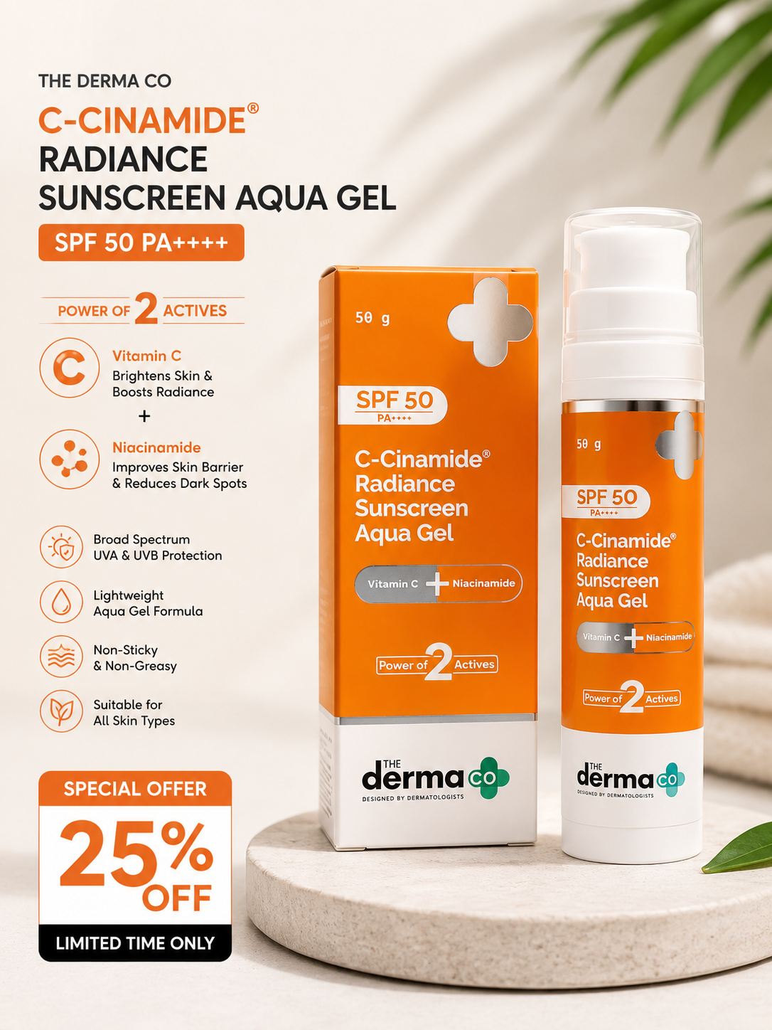 The Derma Co. C-Cinamide® Radiance Sunscreen Aqua Gel SPF 50 PA++++ (50g) 25% off
