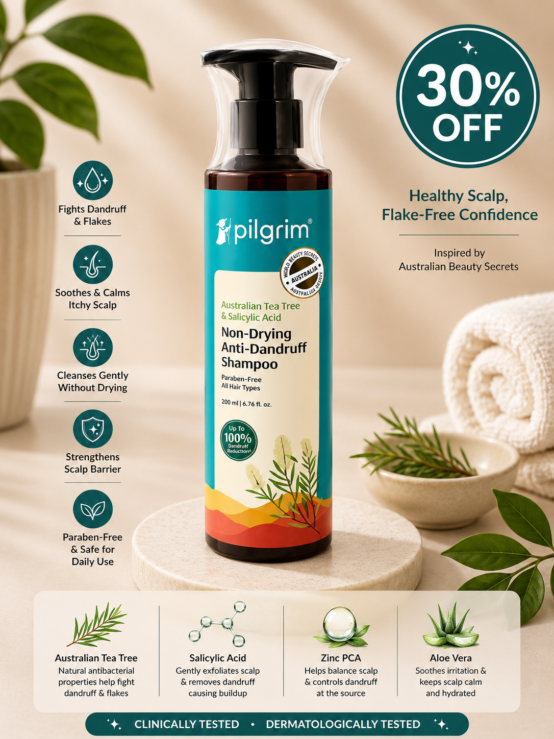 Pilgrim Australian Tea Tree & Salicylic Acid Non-Drying Anti-Dandruff Shampoo (200ml) 30% off
