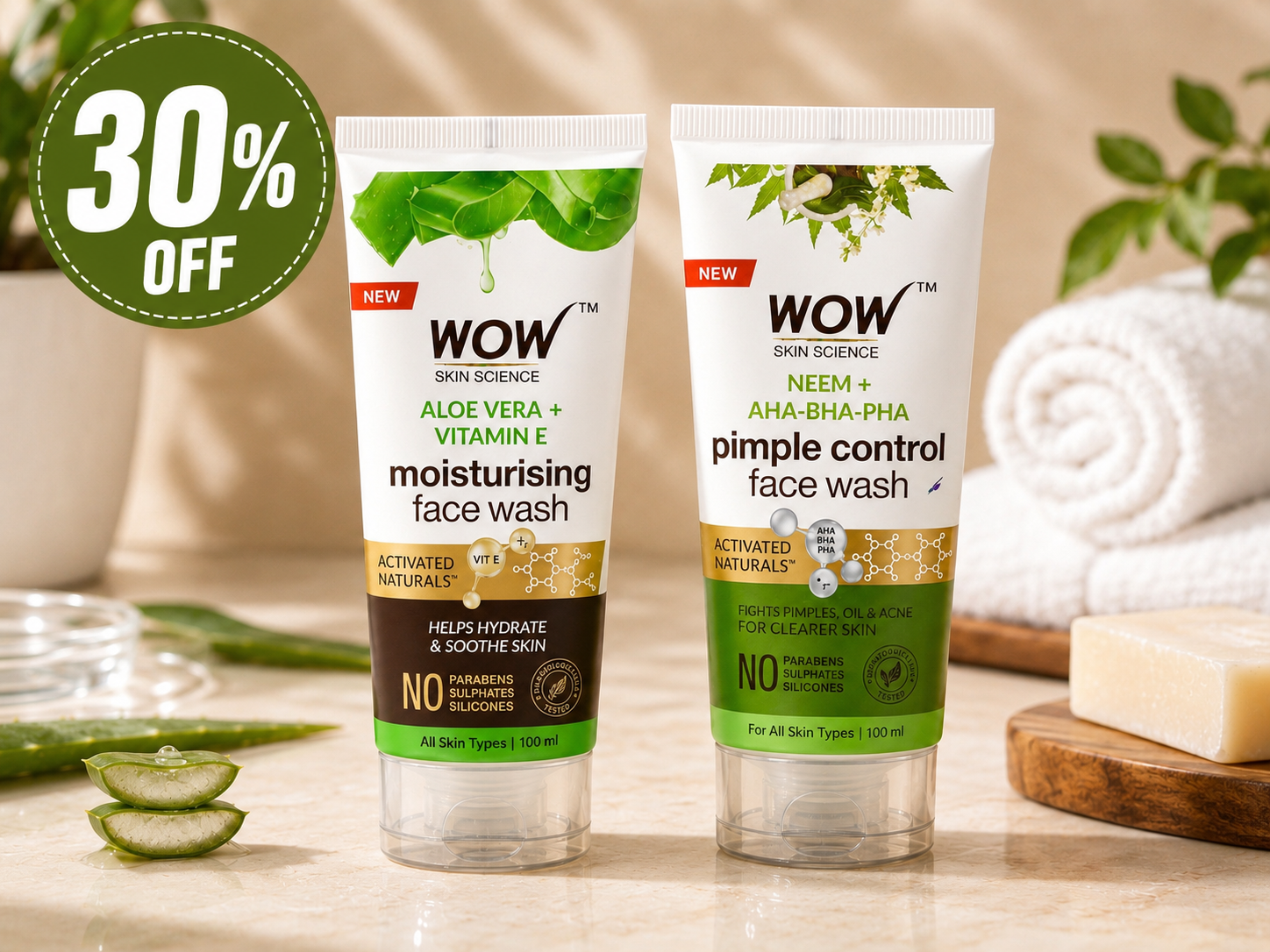 WOW Skin Science Face Wash Duo – Aloe Vera + Vitamin E & Neem AHA-BHA-PHA | 100ml Each