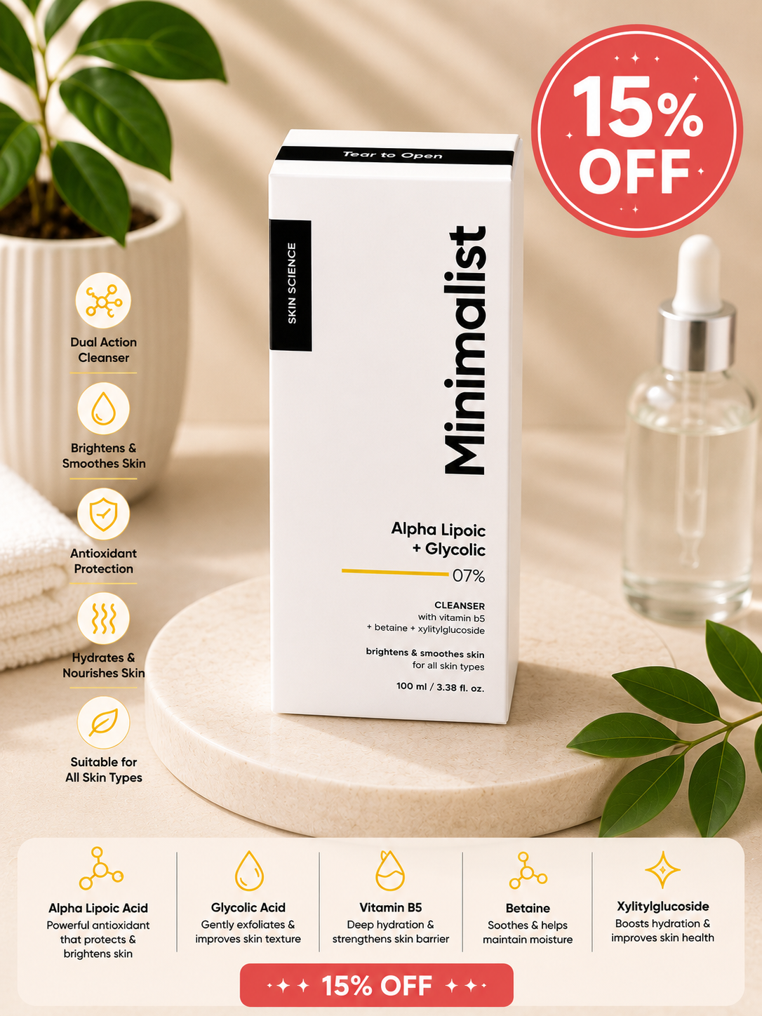 Minimalist Alpha Lipoic + Glycolic 07% Cleanser | Brightening & Skin Renewal Face Wash | 100ml