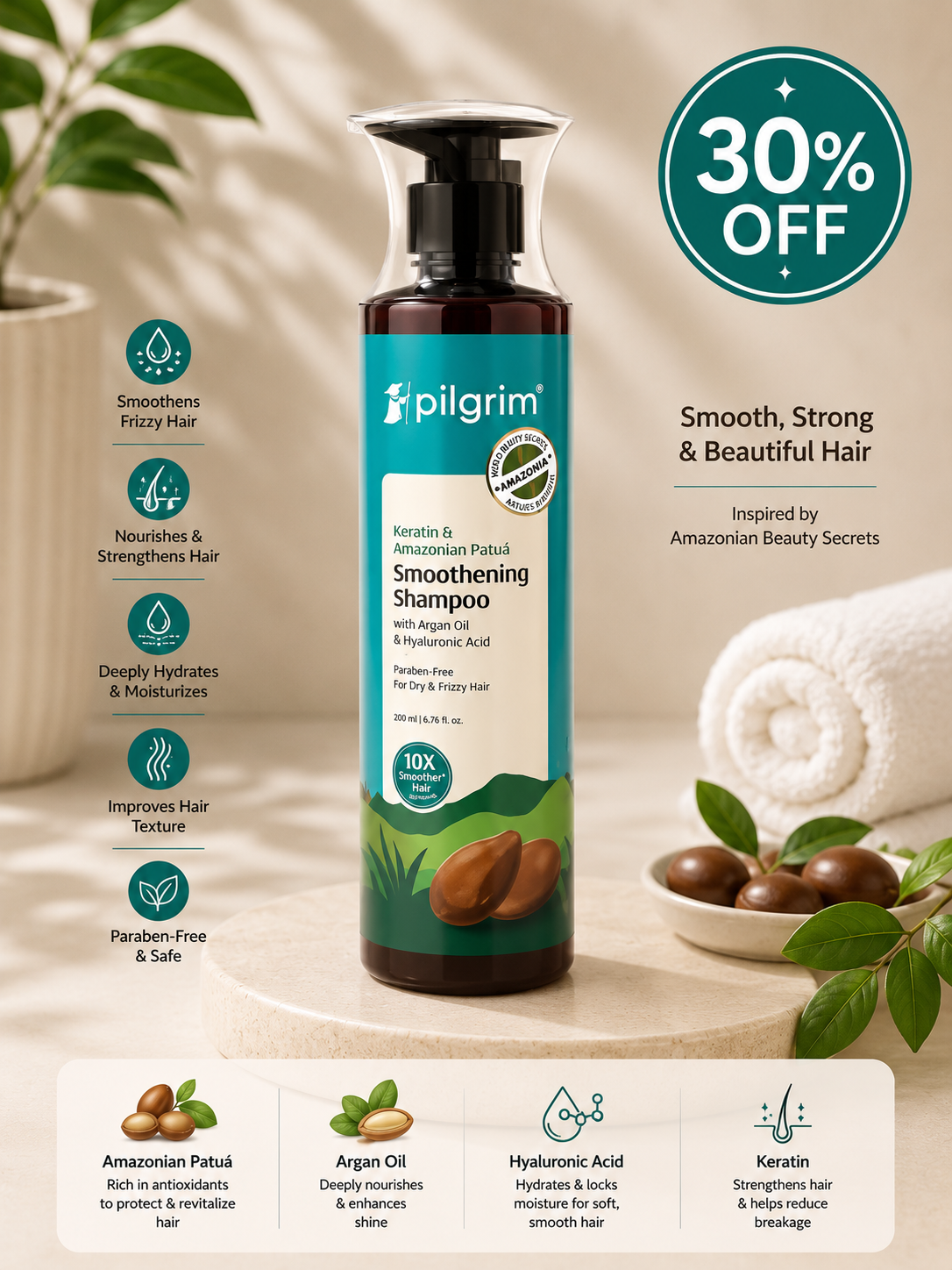 Pilgrim Keratin & Amazonian Patuá Smoothening Shampoo with Argan Oil & Hyaluronic Acid (200ml) 30% off