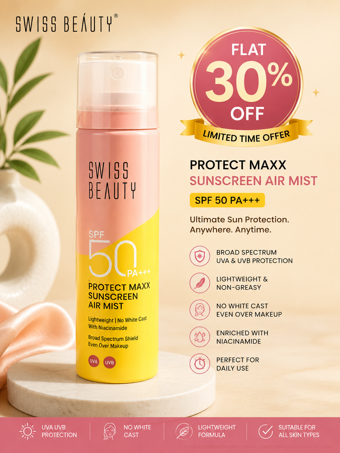 Swiss Beauty Protect Maxx Sunscreen Air Mist SPF 50 PA+++ 30% off
