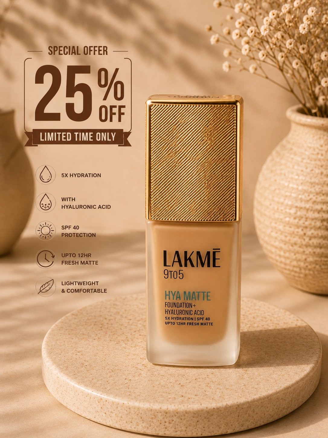Lakmé 9to5 Hya Matte Foundation + Hyaluronic Acid SPF 40 25% off