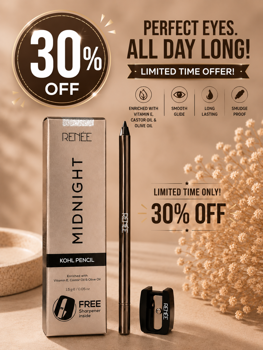 RENÉE Midnight Kohl Pencil – Intense Definition, All-Day Comfort 30%flat