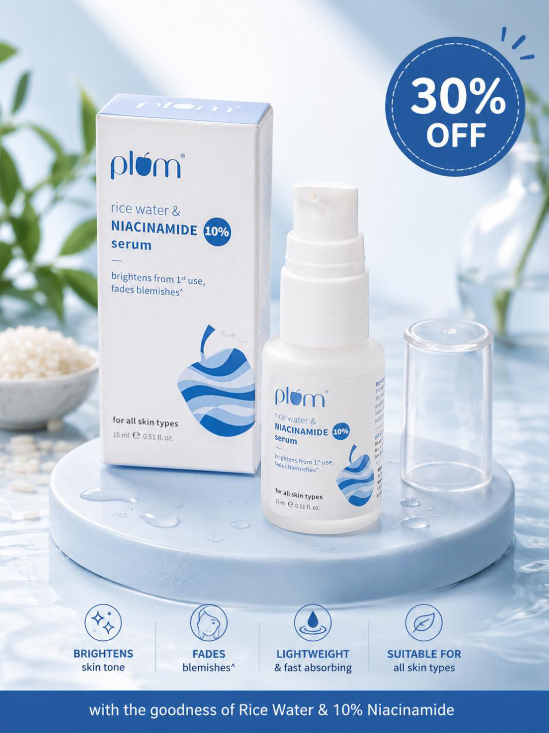Plum Rice Water & 10% Niacinamide Face Serum – 15ml flat 30%