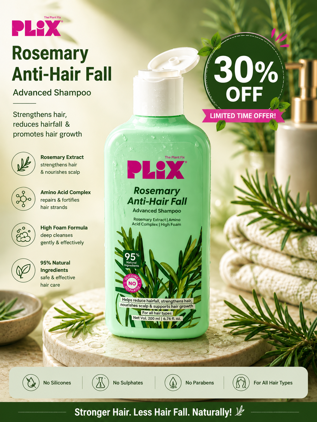 PLiX Rosemary Anti-Hair Fall Advanced Shampoo – 200ml flat 30%