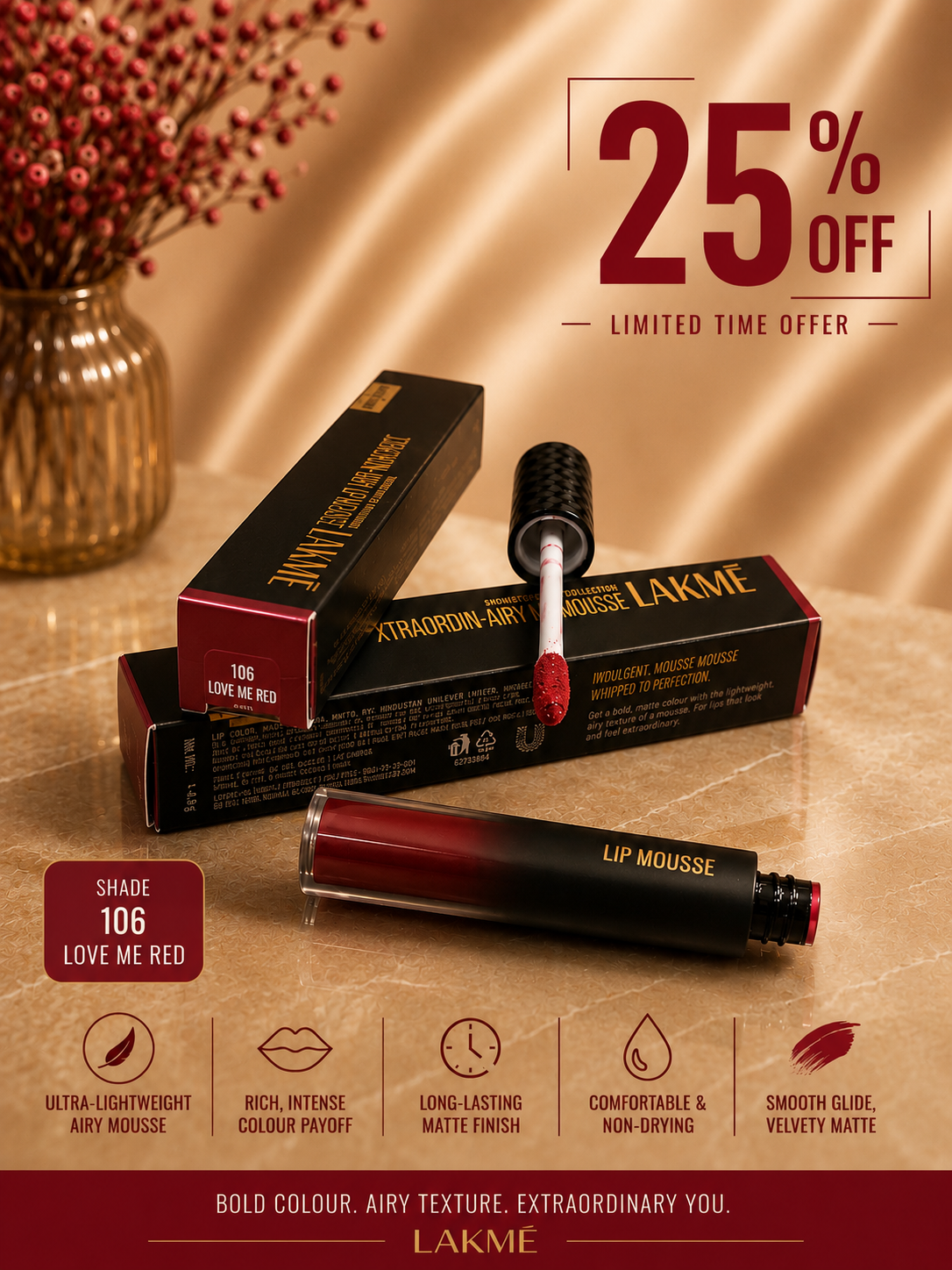Lakmé Xtraordin-Airy Lip Mousse – Matte Lip Colour 25% off