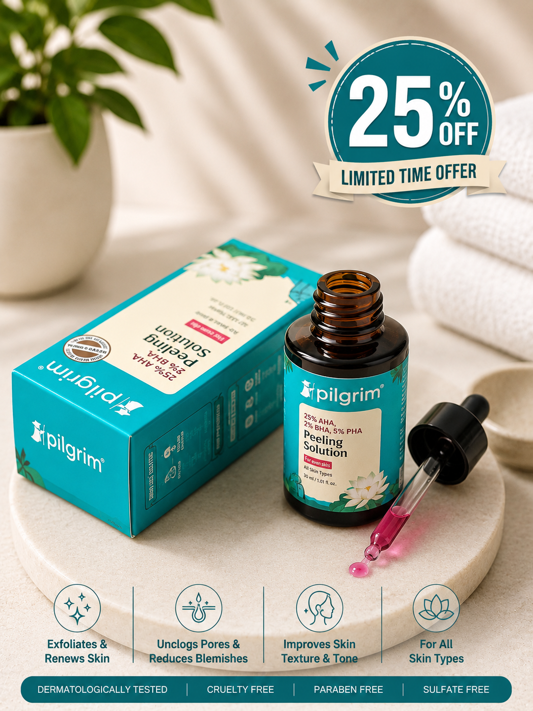 Pilgrim 25% AHA, 2% BHA & 5% PHA Peeling Solution (30ml)