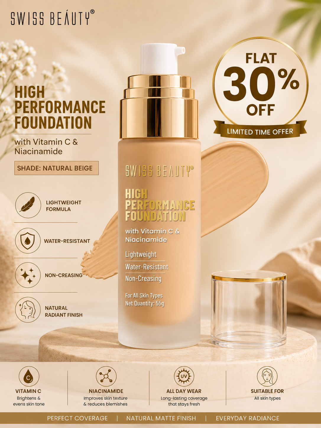 Swiss Beauty High Performance Foundation – Natural Beige / Rose Blush / Classic Ivory 30% off