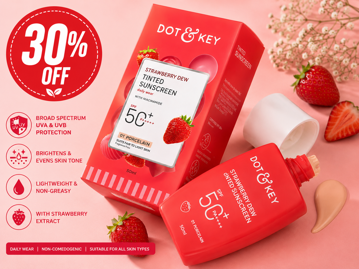 Dot & Key Strawberry Dew Tinted Sunscreen SPF 50+ PA++++ (01 Porcelain) Net-50ml 30% off