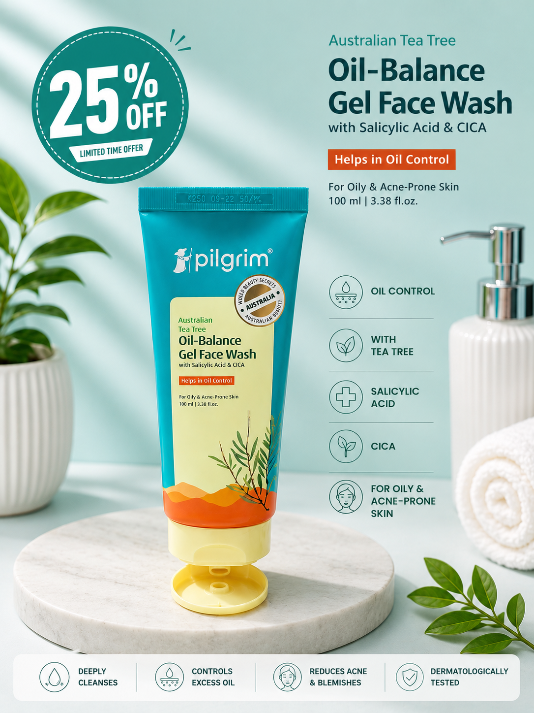 Pilgrim Australian Tea Tree Oil-Balance Gel Face Wash (100ml) 25% off