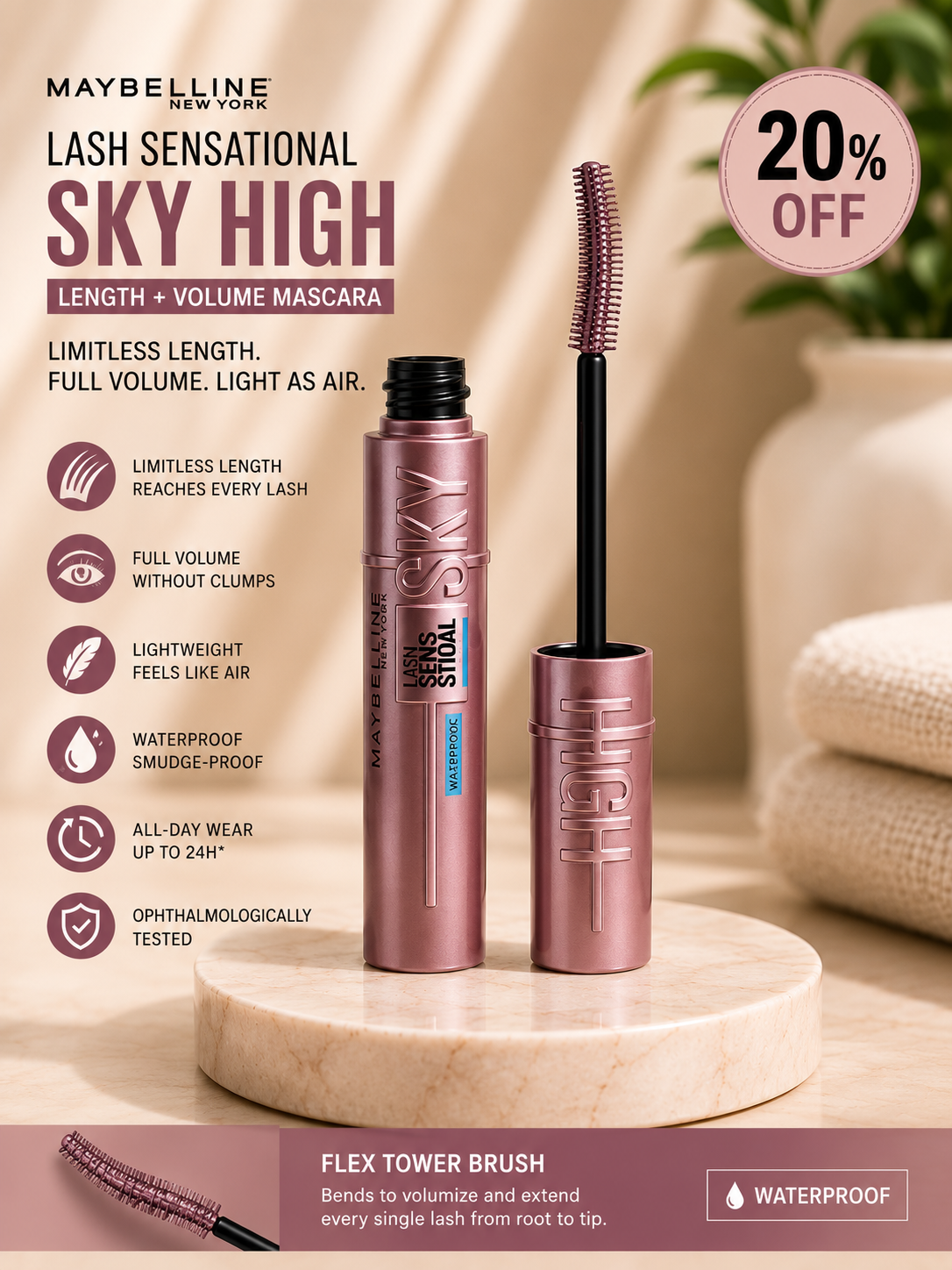 Maybelline Lash Sensational Sky High Waterproof Mascara 20% off