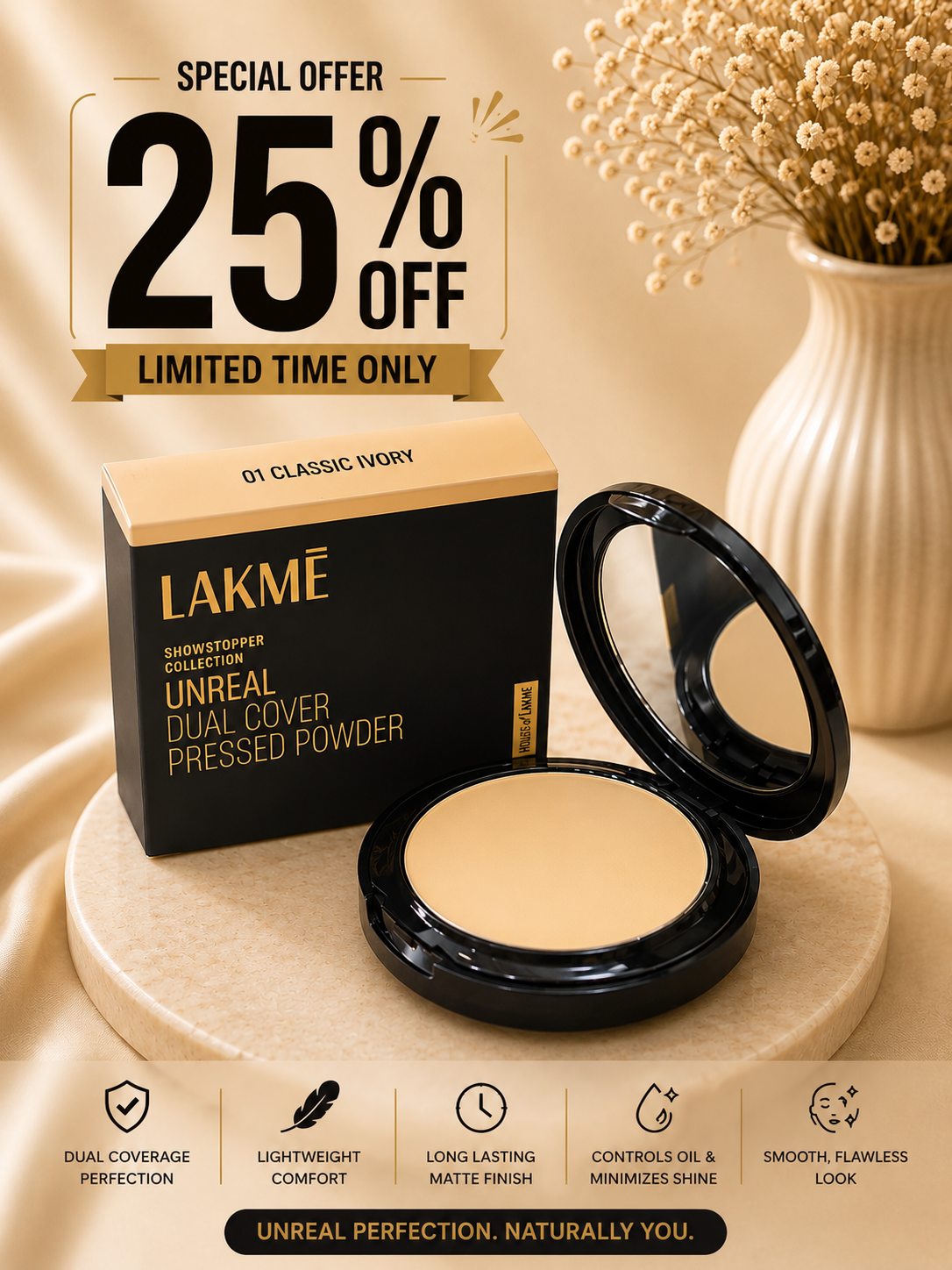 Lakmé Showstopper Collection Unreal Dual Cover Pressed Powder  Shade: 01 Classic Ivory 25% off