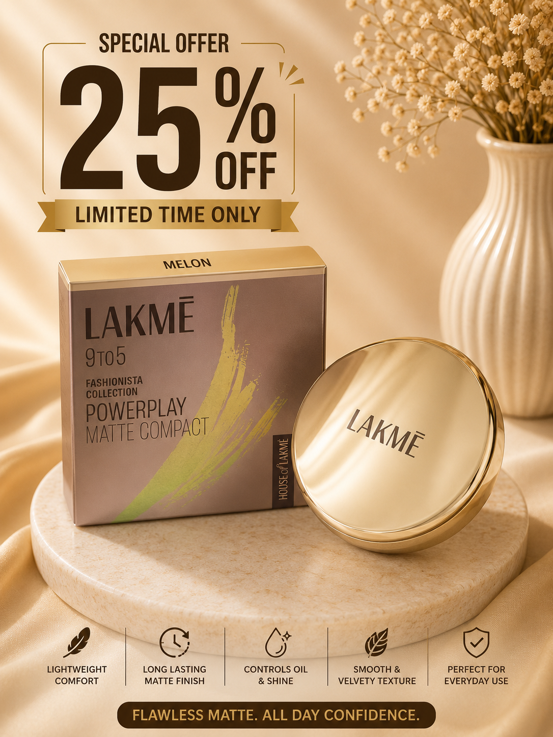 Lakmé 9to5 Powerplay Matte Compact – Shade: Melon 25% off