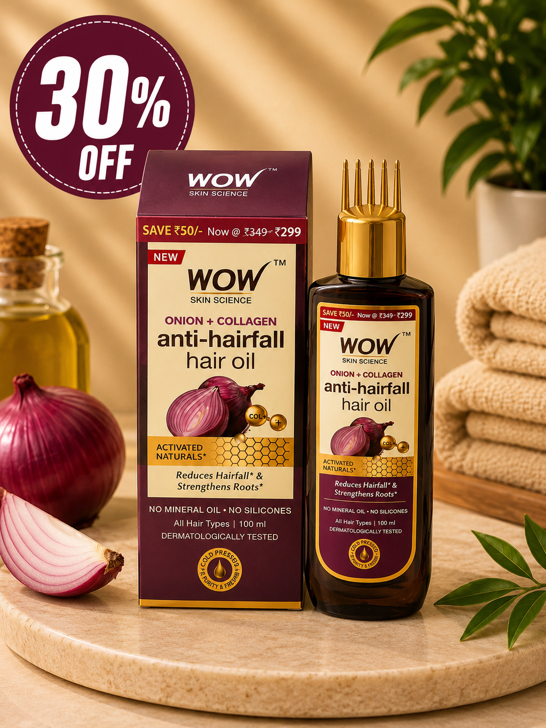 WOW Skin Science Onion + Collagen Anti-Hairfall Hair Oil – 100ml 30% off