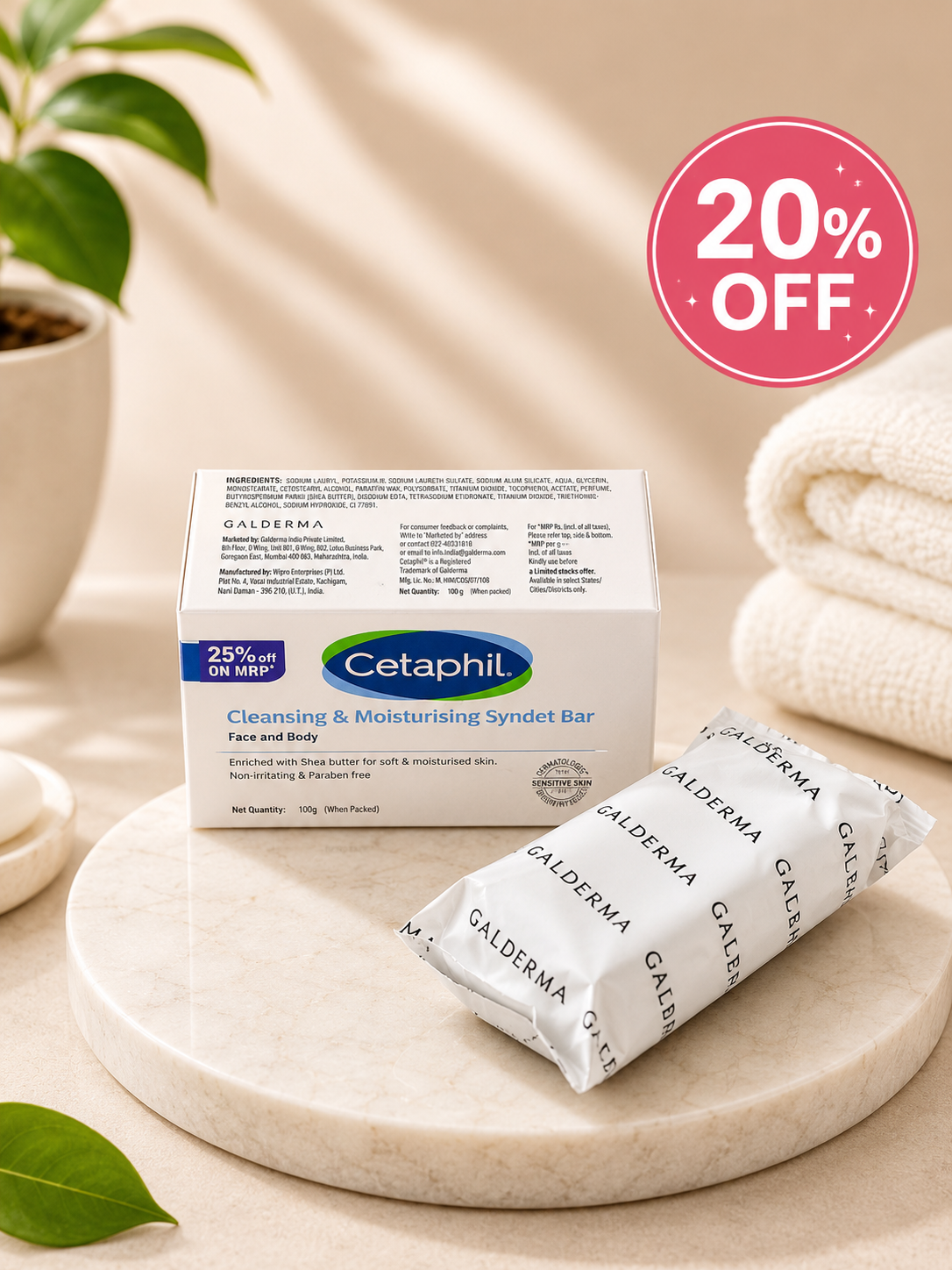 Cetaphil Cleansing & Moisturising Syndet Bar 100g 20% off