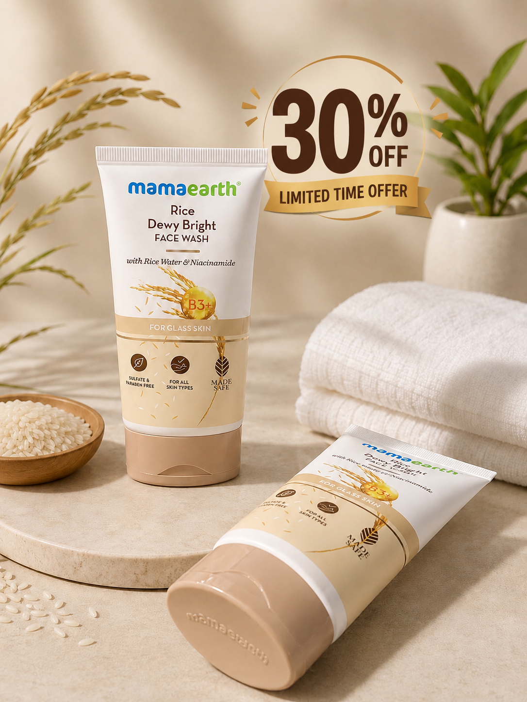Mamaearth Rice Dewy Bright Face Wash 150ml flat 30%
