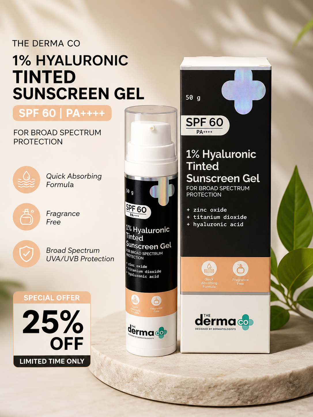 The Derma Co. 1% Hyaluronic Tinted Sunscreen Gel SPF 60 PA++++ (50g)