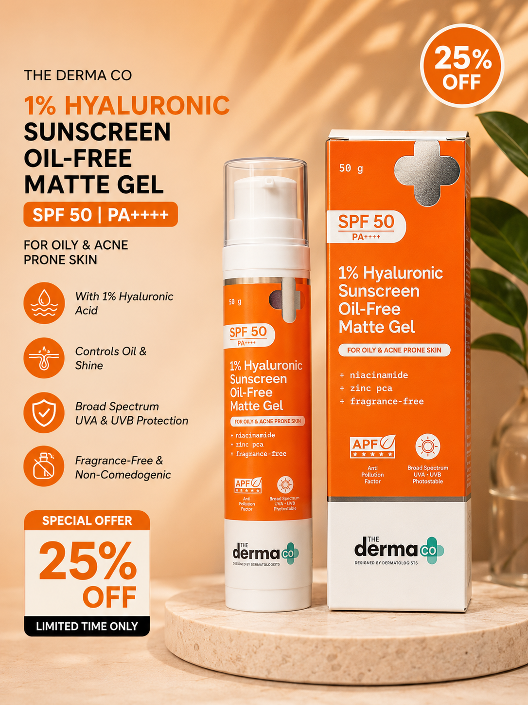 The Derma Co. 1% Hyaluronic Sunscreen Oil-Free Matte Gel SPF 50 PA++++ (50g) 25% off