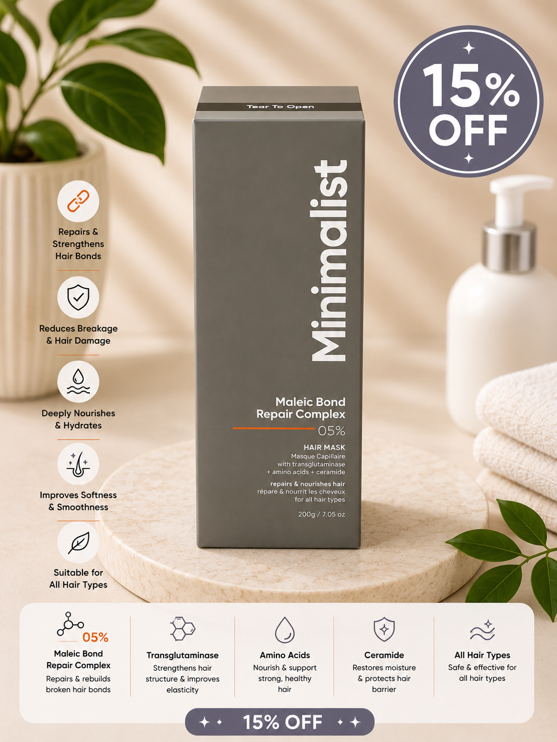 Minimalist Maleic Bond Repair Complex 5% Hair Mask (200g) 15% off