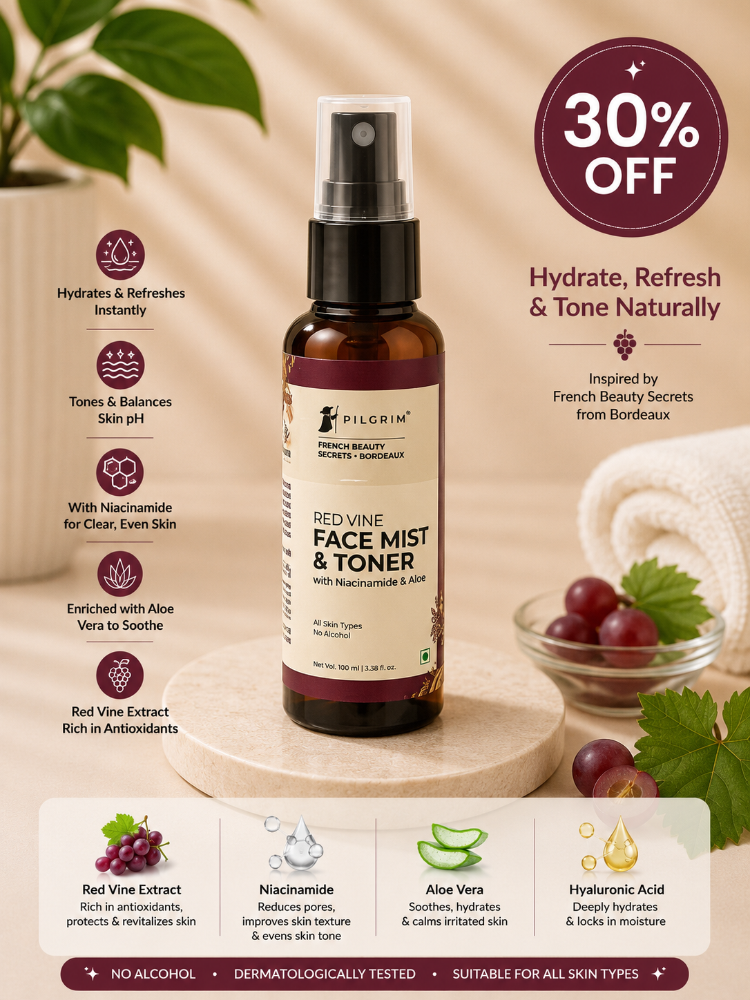 Pilgrim Red Vine Face Mist & Toner with Niacinamide & Aloe Vera (100ml) 30% off