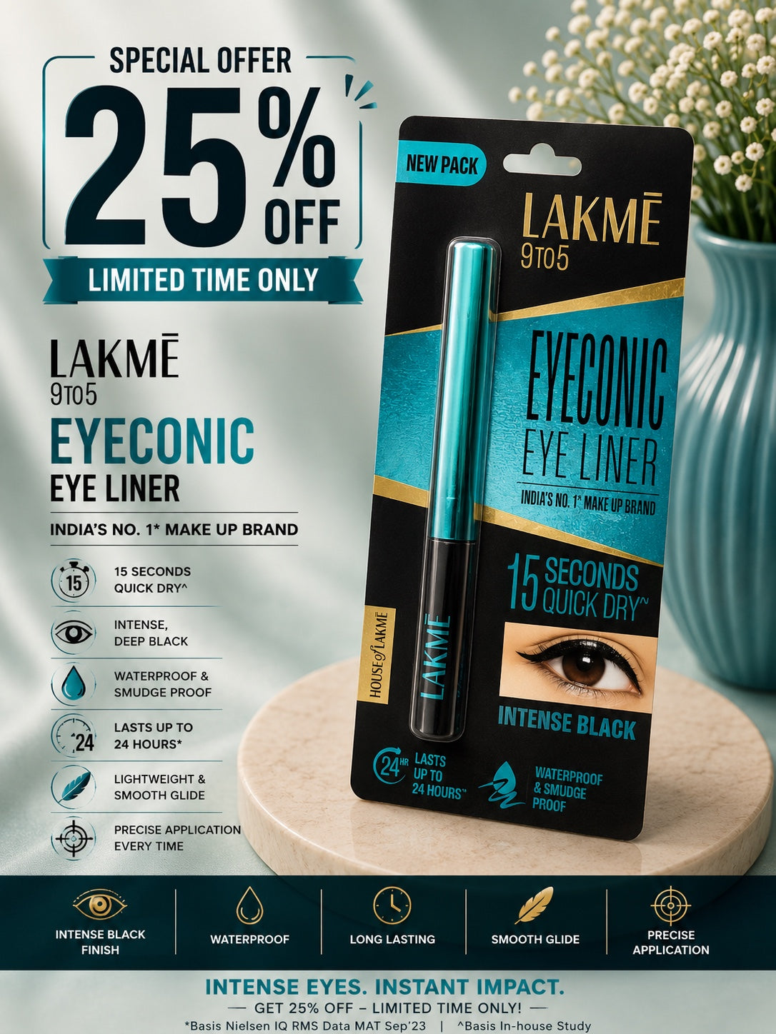 Lakmé 9to5 Eyeconic Eye Liner – Intense Black 25% off