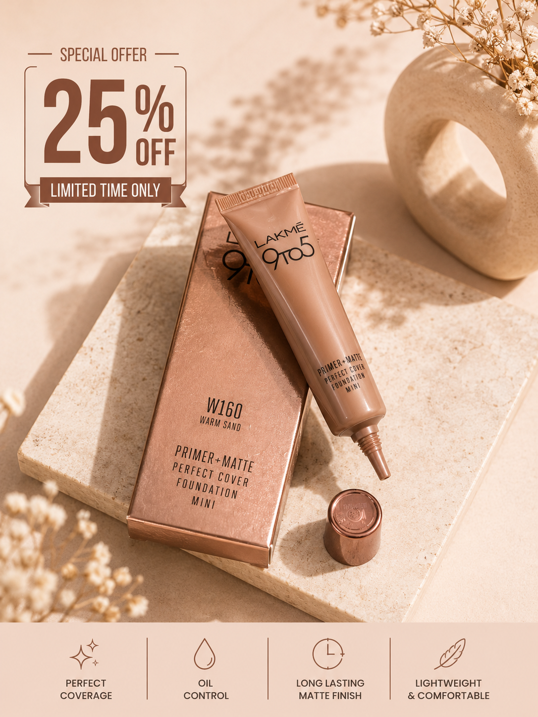 Lakmé 9to5 Primer + Matte Perfect Cover Foundation Mini (W240 Warm Beige / W160 Warm Sand) 25% off