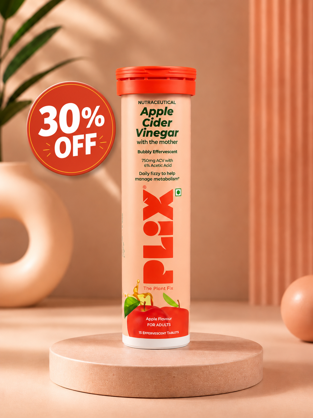 Plix Apple Cider Vinegar Effervescent Tablets – Apple Flavour | 15 Tablets