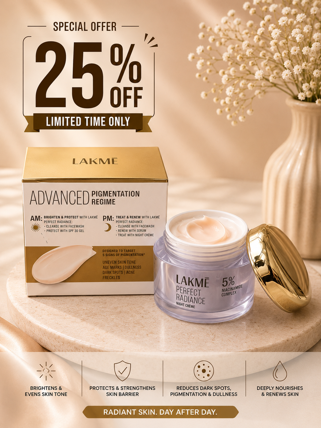 Lakmé Perfect Radiance Night Crème – 5% Niacinamide Complex 25% off