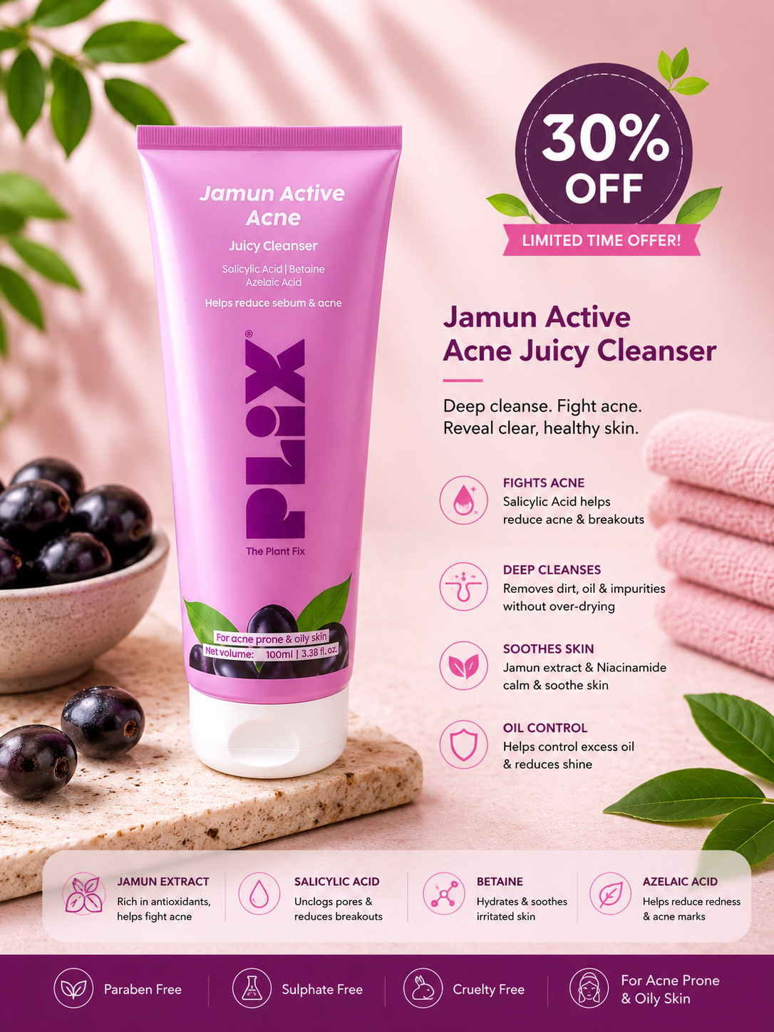 PLiX Jamun Active Acne Juicy Cleanser – 100ml 30% off