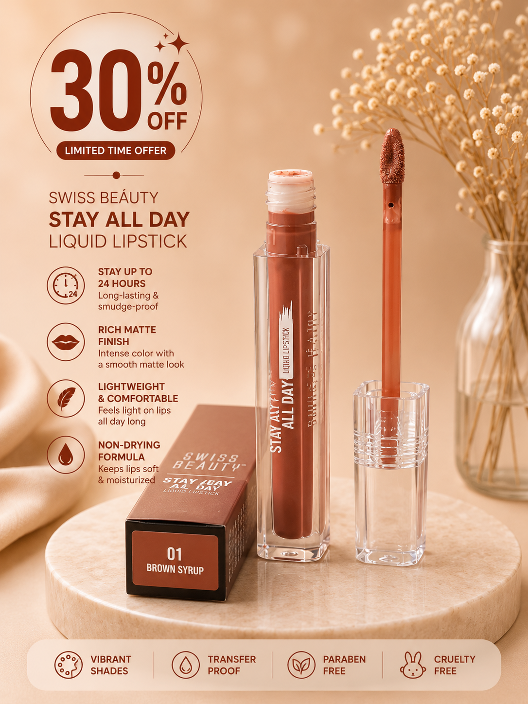 Swiss Beauty Stay All Day Liquid Lipstick 30% off
