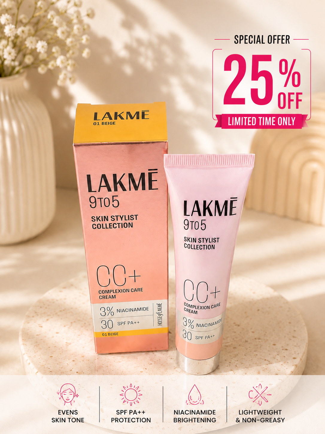 Lakme 9to5 CC+ Complexion Care Cream (01 Beige / 03 Bronze) 25% off