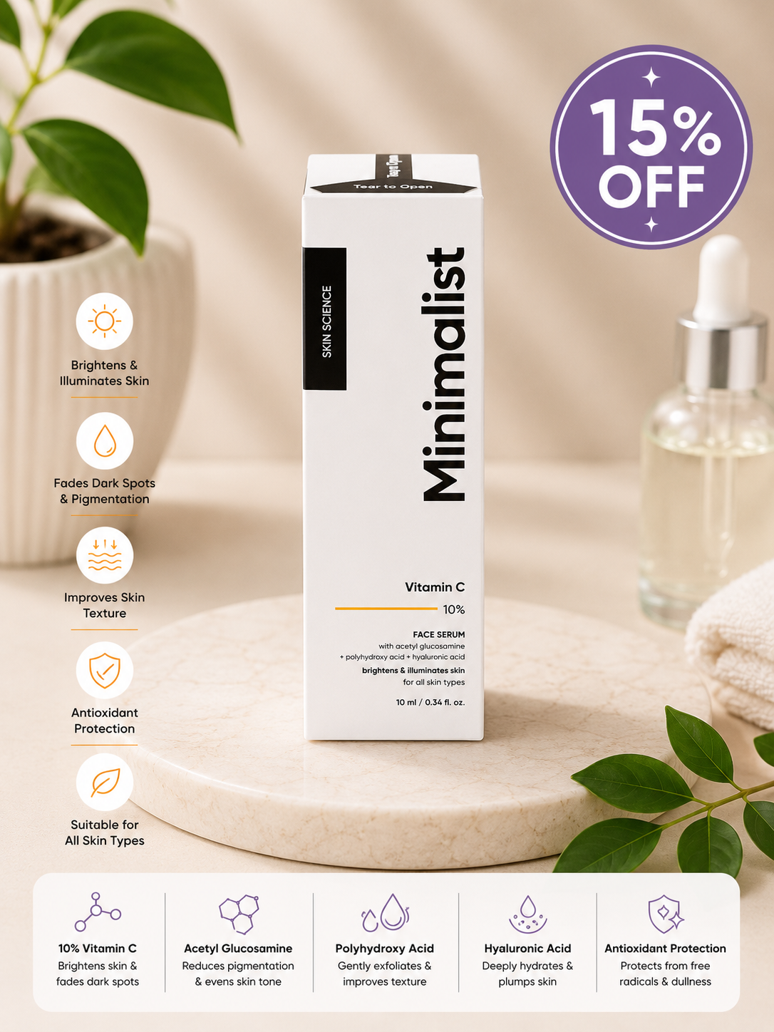 Minimalist Vitamin C 10% Face Serum – Brightening & Glow Boosting Serum (10ml) 15% off