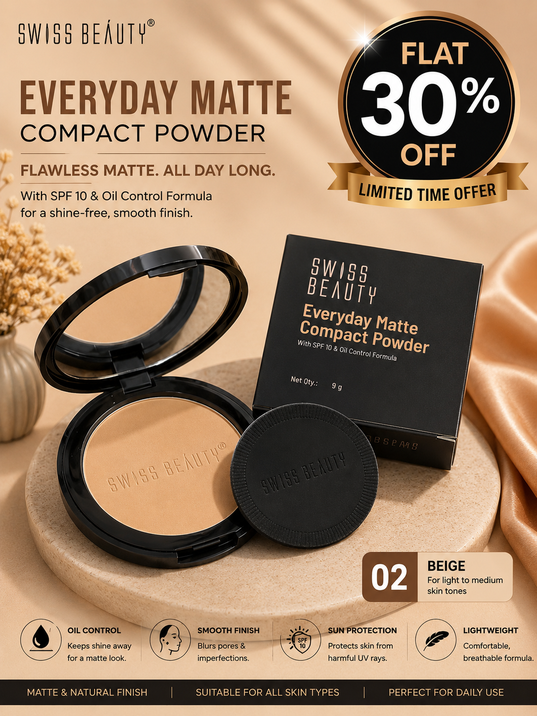 Swiss Beauty Everyday Matte Compact Powder – Shade 02 Beige / Shade 03 Sand 30% off