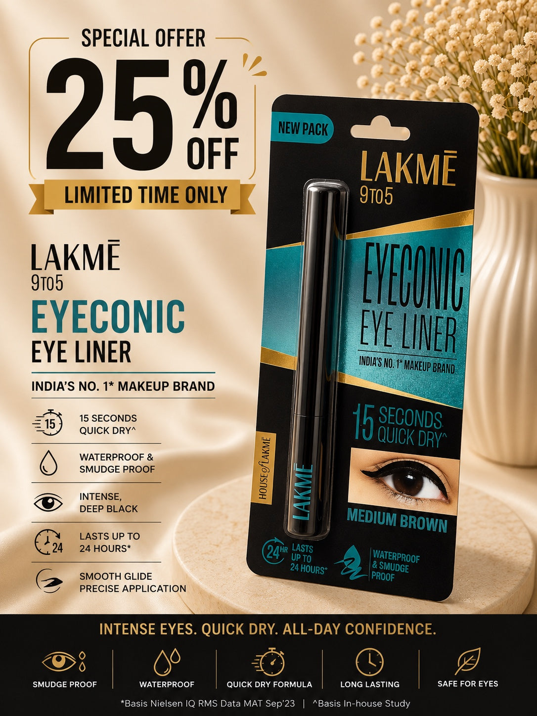 Lakmé 9to5 Eyeconic Eye Liner – Medium Brown 25% off