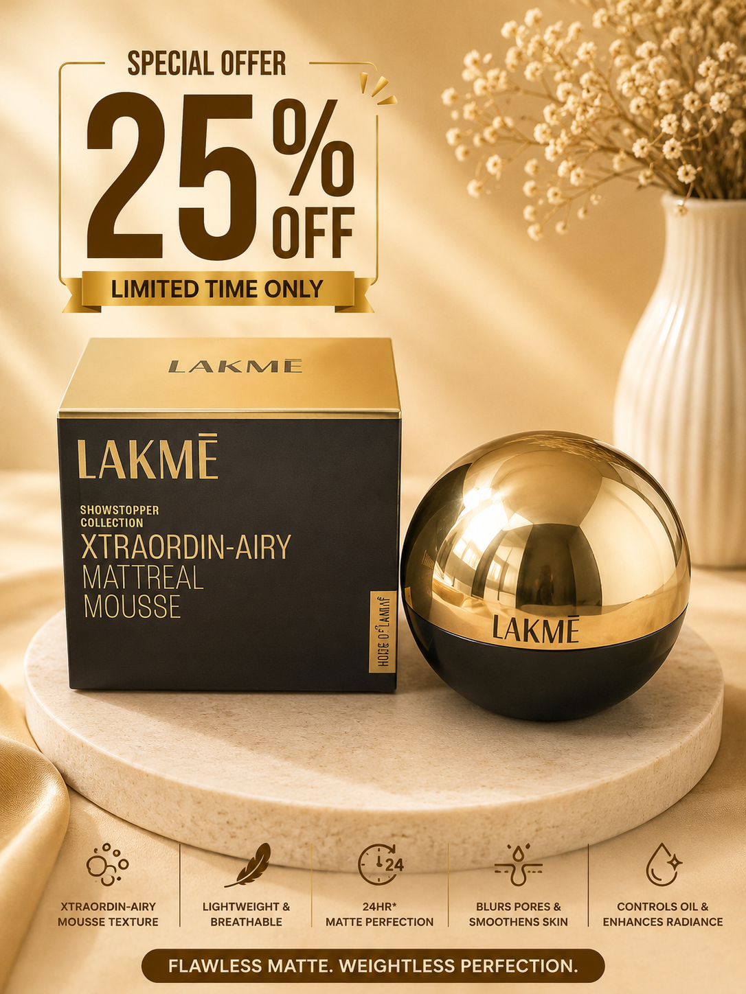 Lakmé Showstopper Collection Xtraordin-Airy Matte Real Mousse  Shade: 04 Golden Crème 25% off