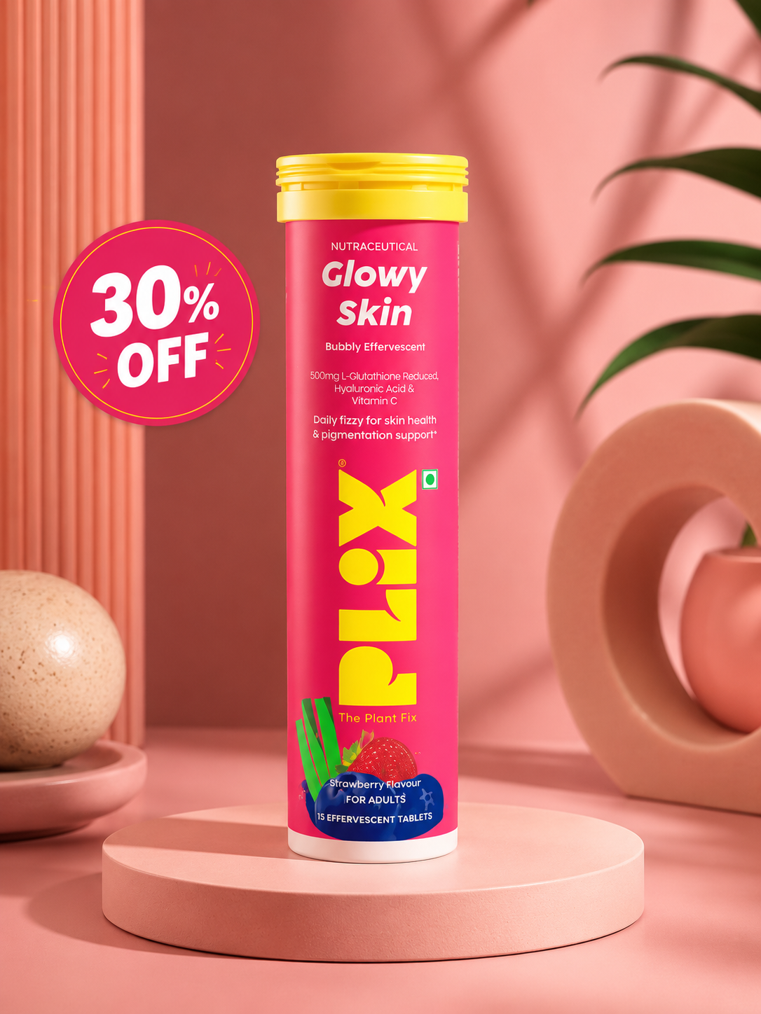 Plix Glowy Skin Effervescent Tablets – Strawberry Flavour | 15 Tablets
