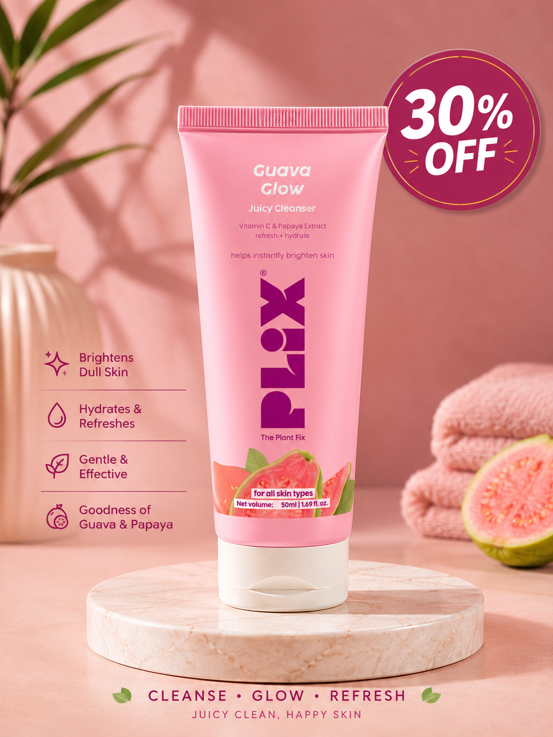 Plix Guava Glow Juicy Cleanser | Vitamin C & Papaya Extract | 50ml
