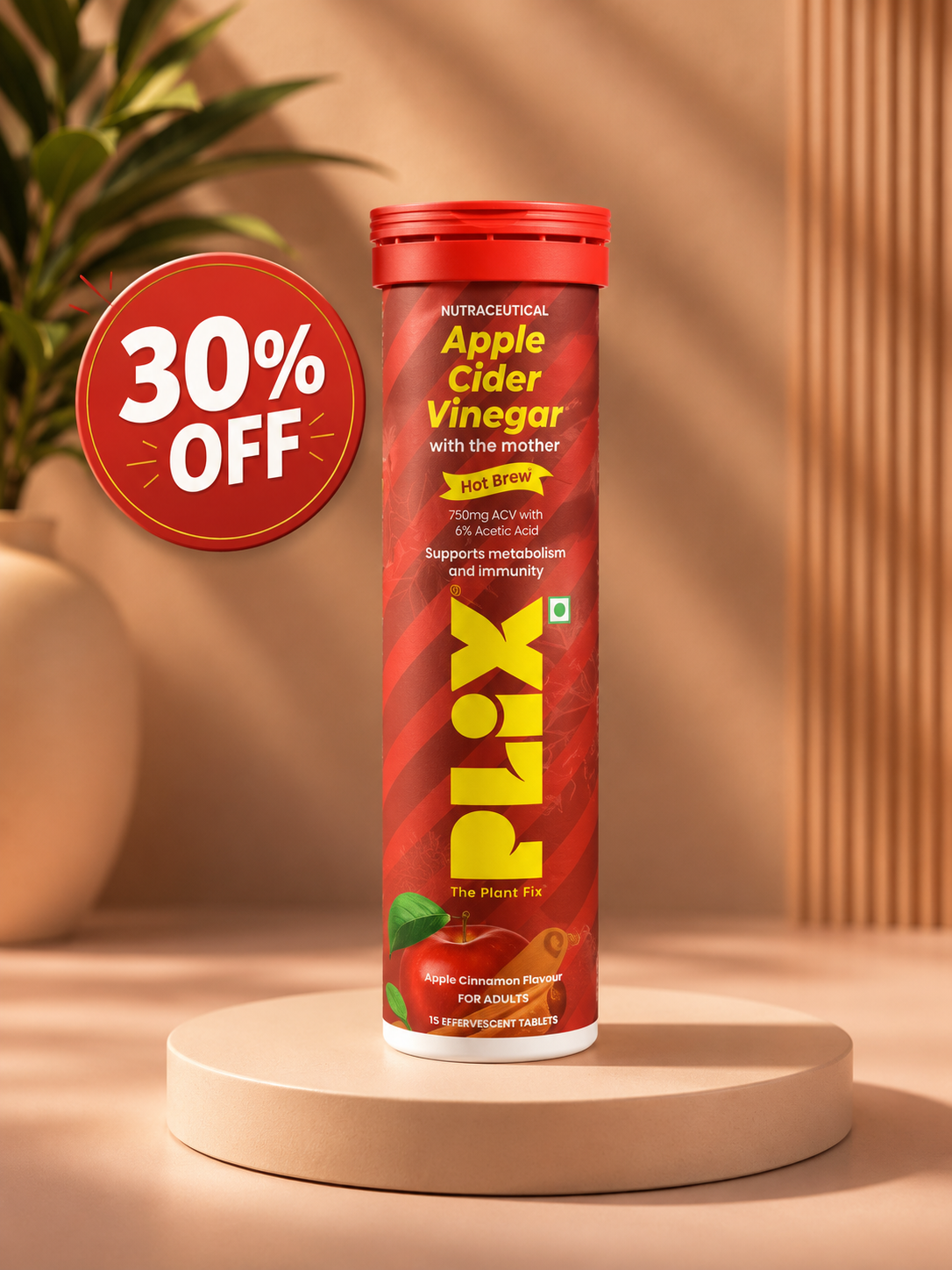 Plix Apple Cider Vinegar Hot Brew Effervescent Tablets – Apple Cinnamon Flavour | 15 Tablets