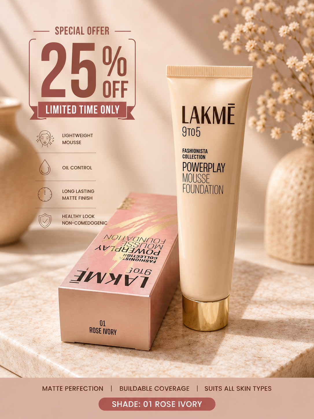 Lakmé 9to5 Powerplay Mousse Foundation – 01 Rose Ivory 25% off