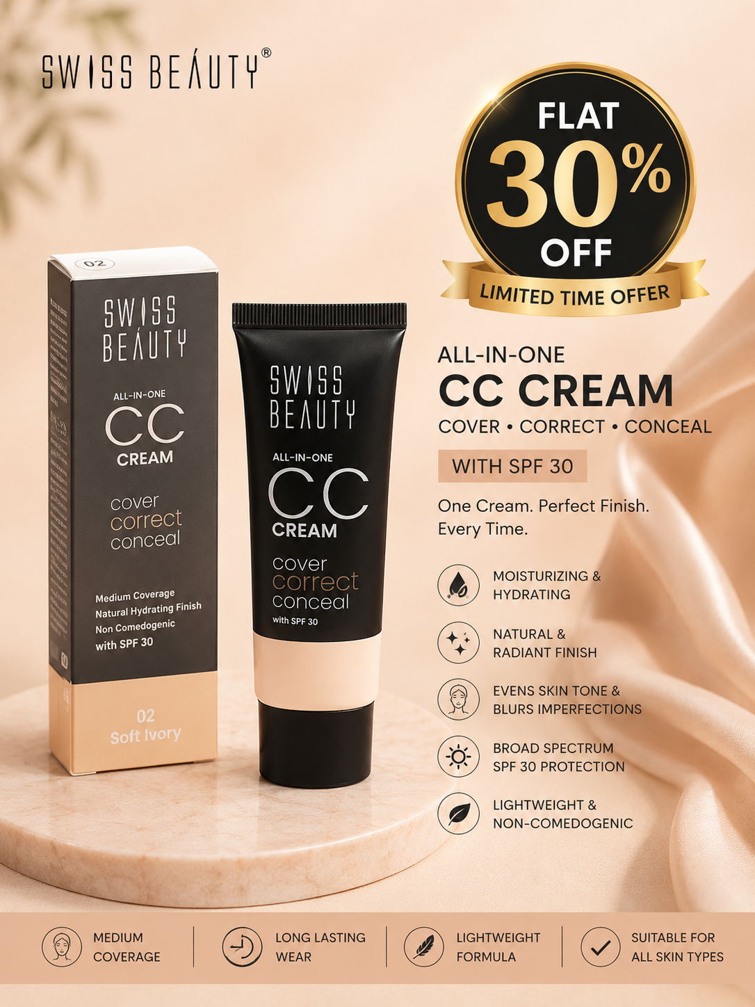 Swiss Beauty All-In-One CC Cream SPF 30 (Shade 02 – Soft Ivory) 30% off