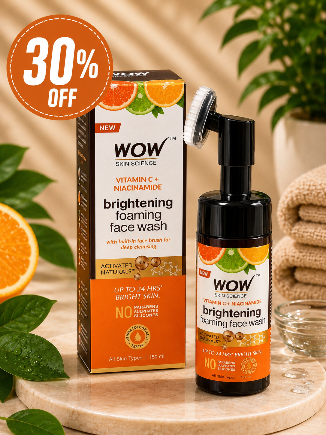 WOW Skin Science Vitamin C + Niacinamide Brightening Foaming Face Wash with Built-in Face Brush