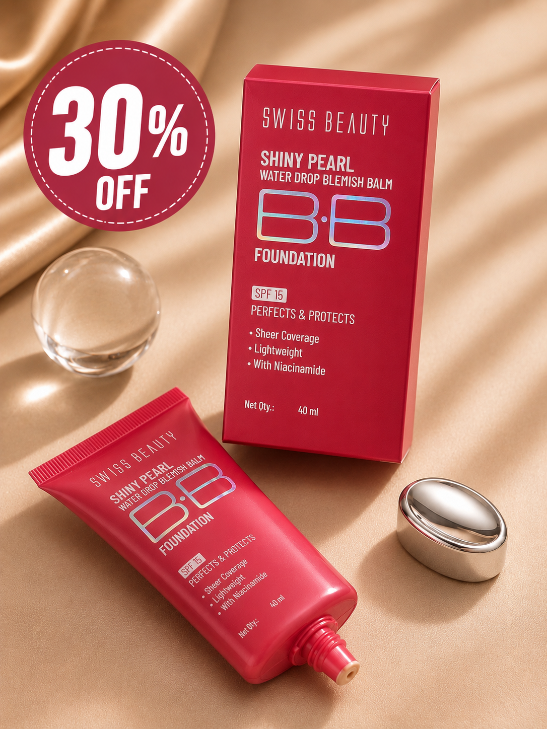 Swiss Beauty Shiny Pearl Water Drop Blemish Balm BB Foundation SPF 15 – 40ml flat 30%