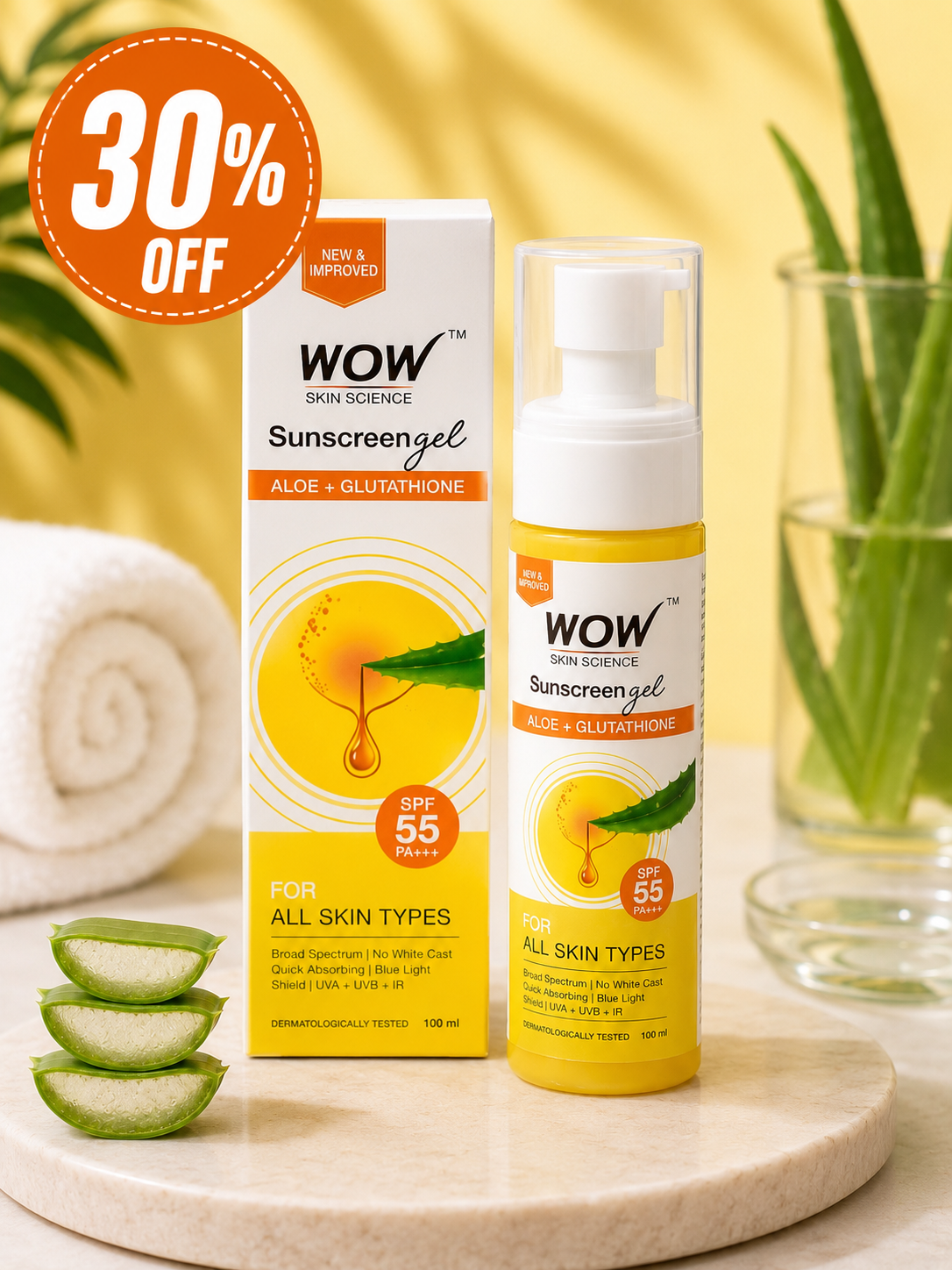 WOW Skin Science Sunscreen Gel SPF 55 PA+++ with Aloe Vera & Glutathione – 100ml 30% off