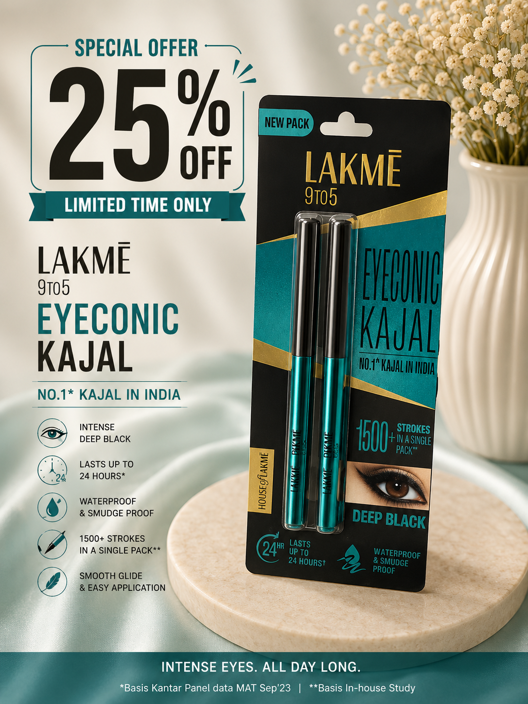 Lakmé 9to5 Eyeconic Kajal – Deep Black (Pack of 2) 25% off