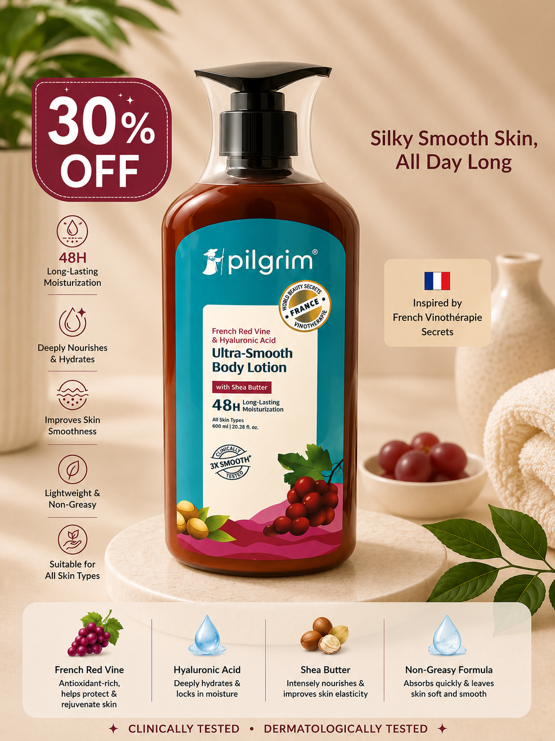 Pilgrim French Red Vine & Hyaluronic Acid Ultra-Smooth Body Lotion with Shea Butter (600ml) 30% off