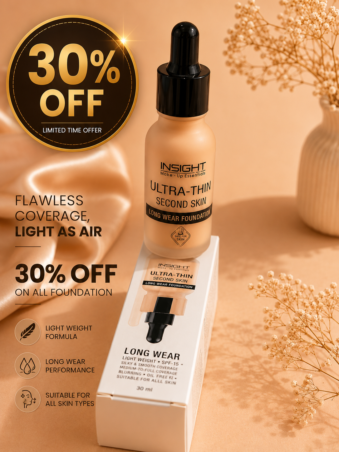 INSIGHT Ultra-Thin Second Skin Long Wear Foundation 20ml 30% flat