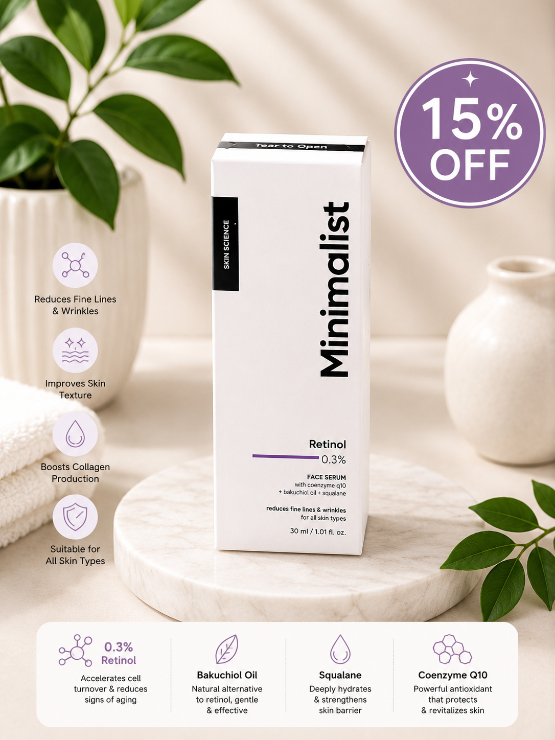 Minimalist Retinol 0.3% Face Serum – Anti-Ageing Serum for Fine Lines & Wrinkles (30ml) 15% off