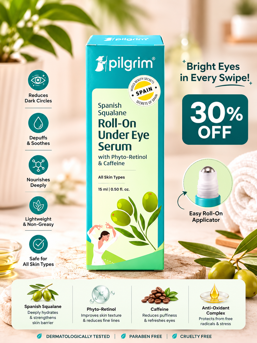 Pilgrim Spanish Squalane Roll-On Under Eye Serum with Phyto-Retinol & Caffeine (15ml) 30% off