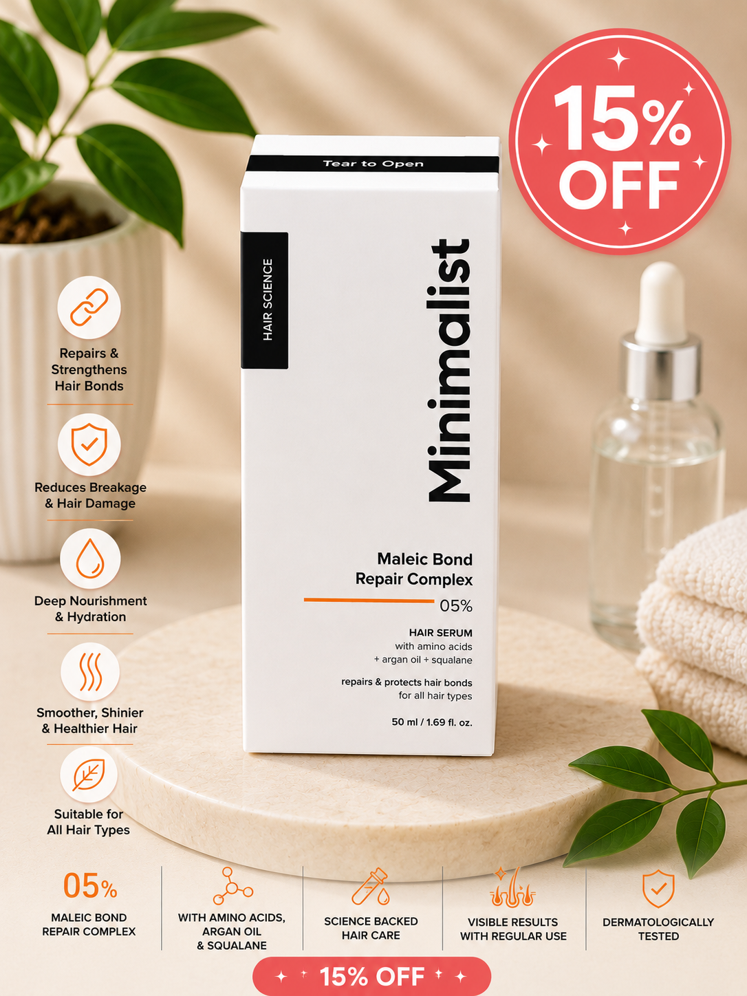 Minimalist Maleic Bond Repair Complex 05% Hair Serum | Repairs Hair Bonds | Reduces Breakage | 50ml